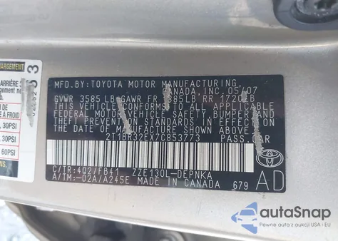 2007 Toyota Corolla Le z USA, uszkodzony, nr VIN 2T1BR32EX7C853773